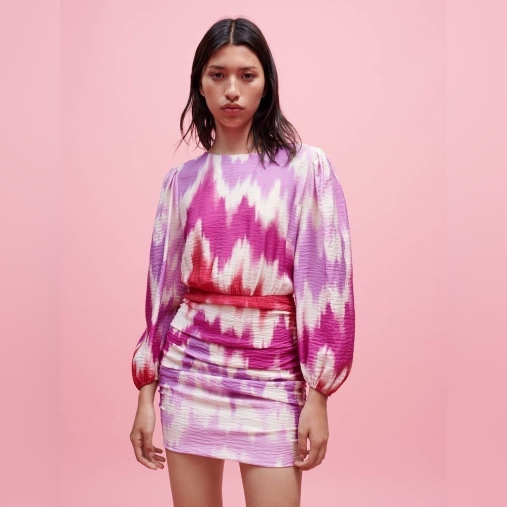 MAJE Ritie Ikat Mini Dress in Tie Dye Pink Fuschia